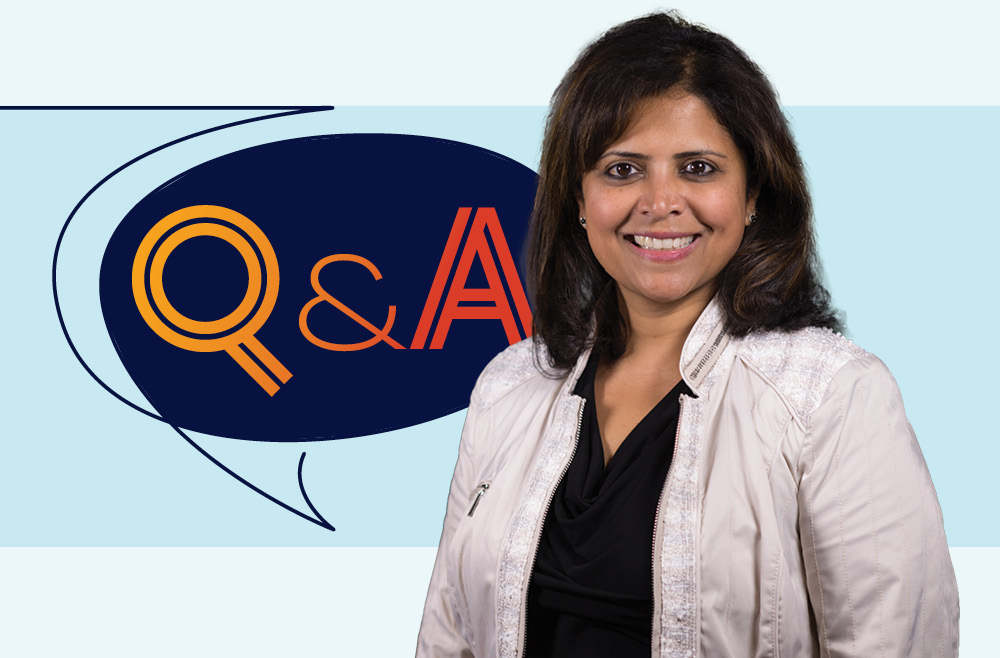 Nishaminy Kasbekar, PharmD with a graphic of a chat bubble with "Q&A" inside